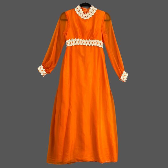 Vtg 60s Dress Womens S/XS Orange Lace Accents Victorian Boho Maxi Chiffon Gown - Picture 1 of 12